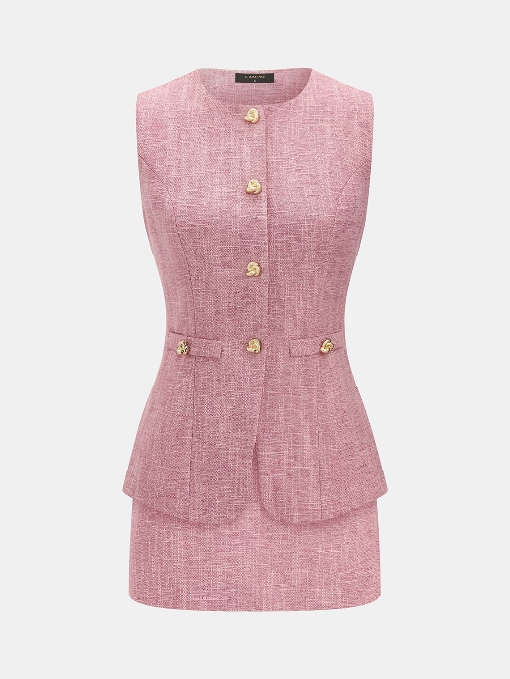 Commense Pink Tweed Peplum Skirt Set with Gold Buttons